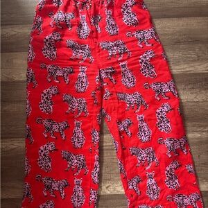 Nooworks Linen Catalina Sondler Cat, XS, Red Leopard Print Wide Leg Pants